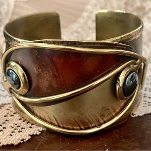 Vintage MCM Brutalist Brass, Copper, and Hematite Cuff Bracelet